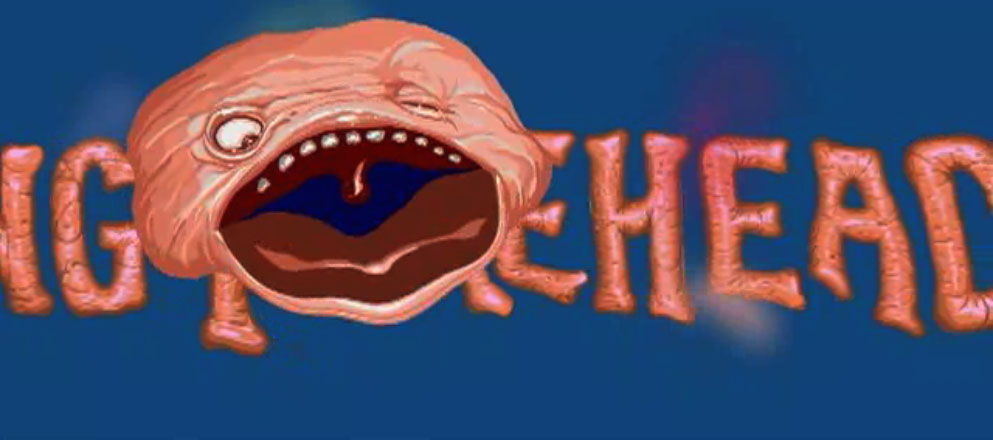 Here's a screencap of the fleshy-textured title for the film as it crawls right-to left across the screen. For the opening titles, I created around 250 separate pieces of artwork for ace animator Bill Bryn Russell to compose into a delicate and evocative ballet of foreheads. As the title moves in the background, this forehead moves up close to envelop the screen with his mouth. Yum!